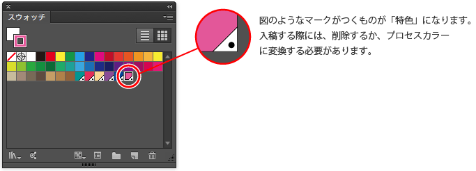 図のようなマークがつくものが「特色」になります。入稿する際には、削除するか、プロセスカラーに変換する必要があります。