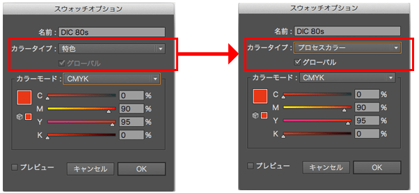 次に［カラータイプ］を［特色］→［プロセスカラー］に変更します。